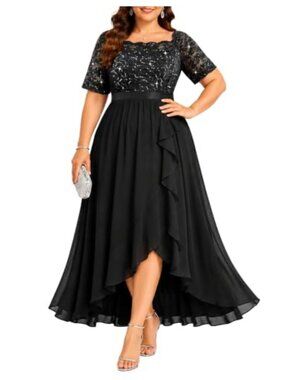 Plus Size Formal Evening Dress Sequin Lace Bodice High-Low Hem A-Line